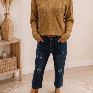 Tan cable knit sweater with hood
